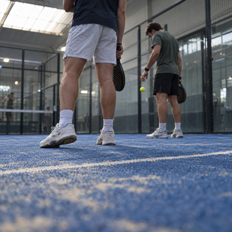 Padel player in split-step on a night court