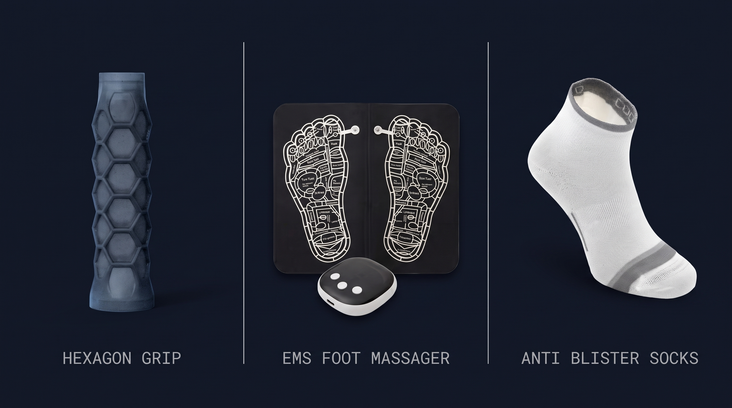 Hexagon grip, EMS foot massager, anti blister socks